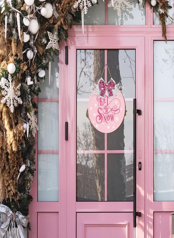 Whaline Christmas Welcome Sign Pink Wooden Hanging Sign Xmas Winter Snowflake Door Wreath Decor with Bow Berries for Indoor Outdoor Home Farmhouse Porch Wall Window Decor - Image 3