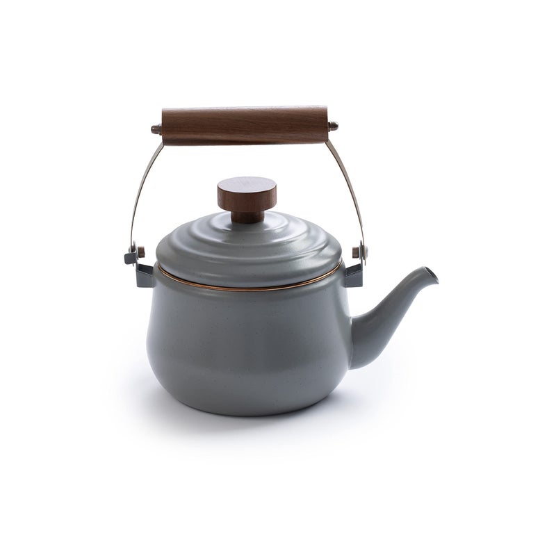 Barebones Enamel Teapot Vintage Inspired Design Baked Stainless Steel Rim FSC Certified Natural Walnut Handle Tea Kettle 15 Liters 6 Cups Slate Gray