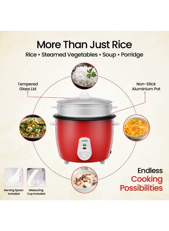 SPJ Electric Rice Cooker & Steamer 2.2L 1071W with Non-Stick Aluminum Inner Pot, Automatic Keep Warm, Tempered Glass Lid, Red - Image 3