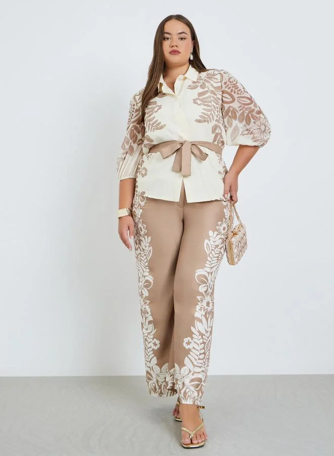 Styli Plus Size Floral Print Belted Blouse