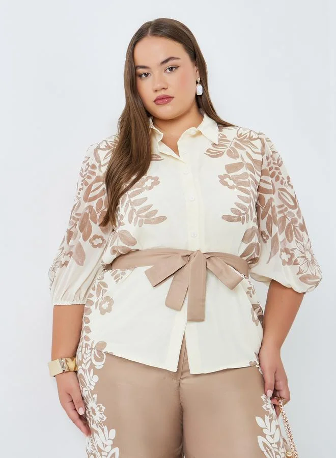 Styli Plus Size Floral Print Belted Blouse