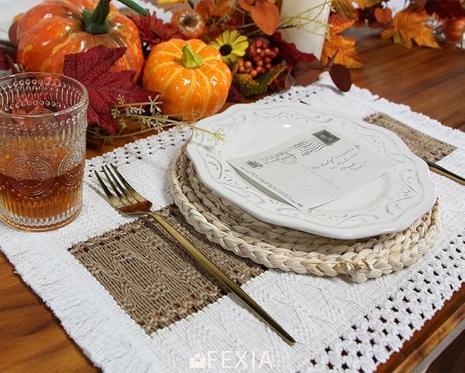 FEXIA Boho Placemats Set of 6, Brown, Square, 11.8"x19.6", Natural Cotton Burlap, for Dining Table Centerpiece, Thanksgiving Home Decorations - Image 2