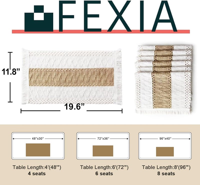 FEXIA Boho Placemats Set of 6, Brown, Square, 11.8"x19.6", Natural Cotton Burlap, for Dining Table Centerpiece, Thanksgiving Home Decorations - Image 3