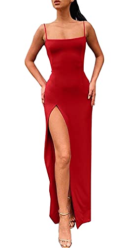PRIMODA Women's Spaghetti Strap Bodycon Maxi Dress Long Formal Thigh-high Slit Club Wedding Guest Dress(Red XL) - Image 1