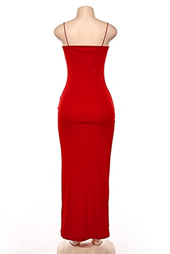 PRIMODA Women's Spaghetti Strap Bodycon Maxi Dress Long Formal Thigh-high Slit Club Wedding Guest Dress(Red XL) - Image 5