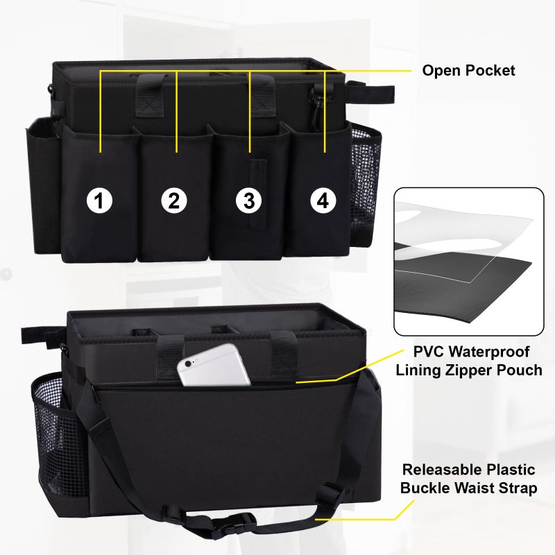 Wigojoy Wearable Large Cleaning Caddy Bag for Housekeeper, Clean Supply Organizer with Adjustable Shoulder, Waist & Handle Straps, Detailing Bag for Kitchen Supplies (Black) - Image 3