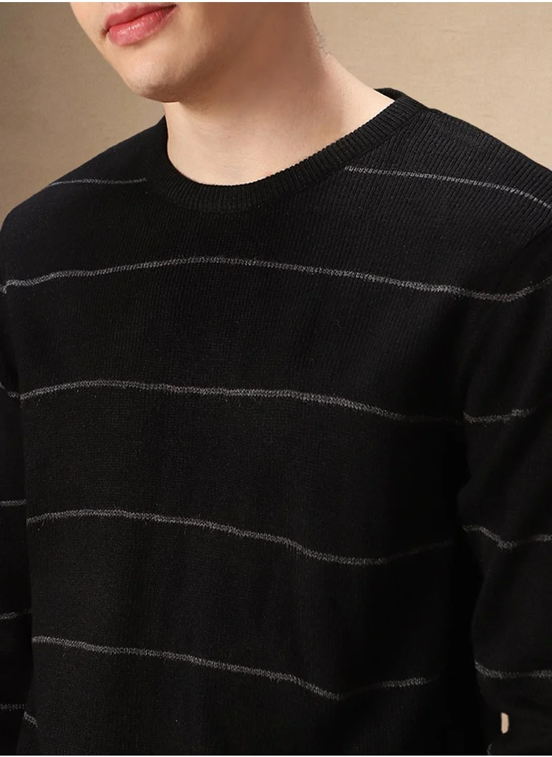 دينيس لينغو Men's Black 100% Acrylic Striped Regular Fit Sweater