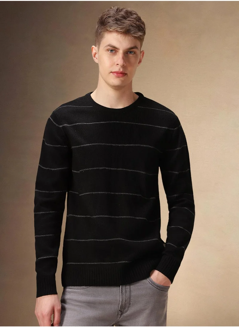 دينيس لينغو Men's Black 100% Acrylic Striped Regular Fit Sweater