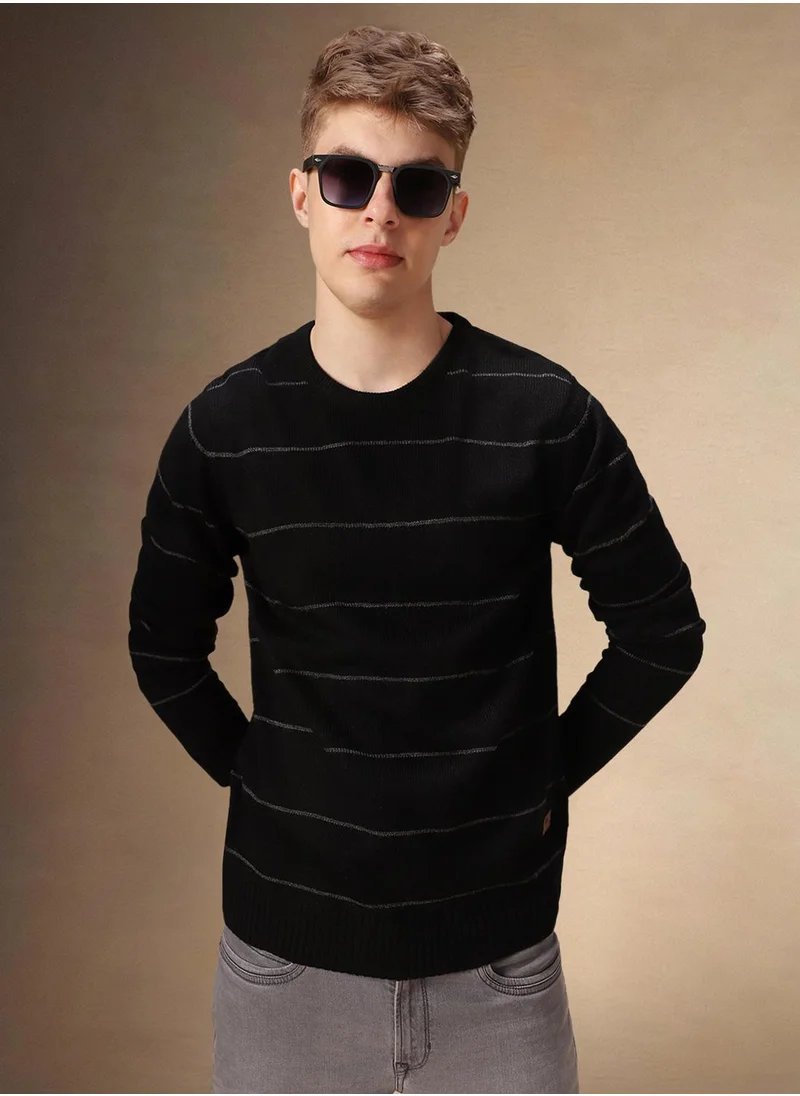 دينيس لينغو Men's Black 100% Acrylic Striped Regular Fit Sweater
