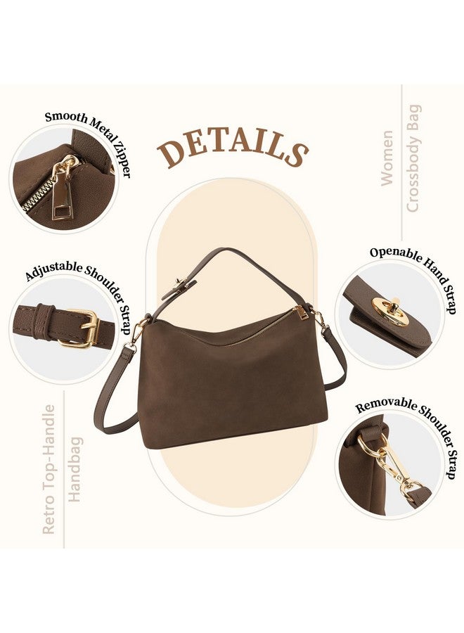 حقائب توت من الجلد السويدي للنساء، حقيبة يد من الجلد السويدي البني بمقبض علوي مع حزام قابل للتعديل، حقيبة كروس بودي هوبو، حقيبة كتف كريسنت ساتشل (قهوة) - Image 3