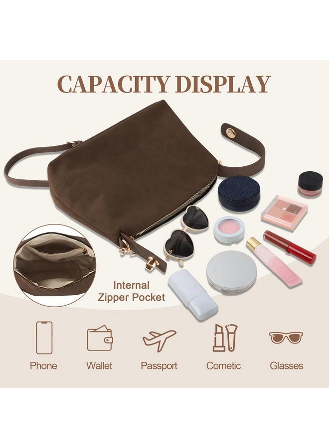 حقائب توت من الجلد السويدي للنساء، حقيبة يد من الجلد السويدي البني بمقبض علوي مع حزام قابل للتعديل، حقيبة كروس بودي هوبو، حقيبة كتف كريسنت ساتشل (قهوة) - Image 4