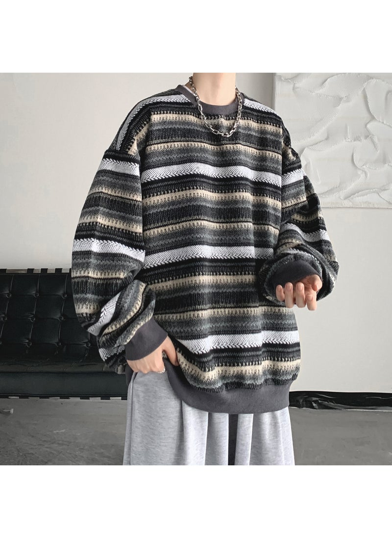 Generic - Retro Stripe Mens Hoodie Autumn Winter Casual Loose Fit Pullover Jacket Brown - Image 1