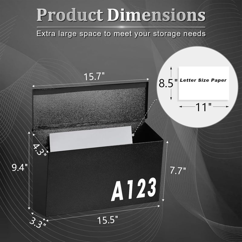 Dalmbox Wall-Mount Mailbox Large Mailbox for Post Rust-Proof Galvanized Steel Box for Outside or Townhouse Horizontal Style, Black, 15.7” x 4.3” x 9.4” - Image 3