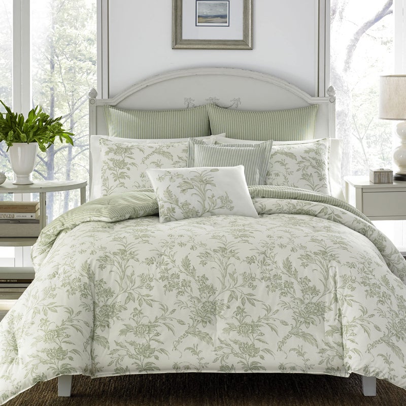 LAURA ASHLEY Laura Ashley Home  Twin Size Comforter Set Reversible Cotton Bedding Includes Matching Sham with Bonus Euro Sham  Throw Pillows Natalie SageOff White Twin 