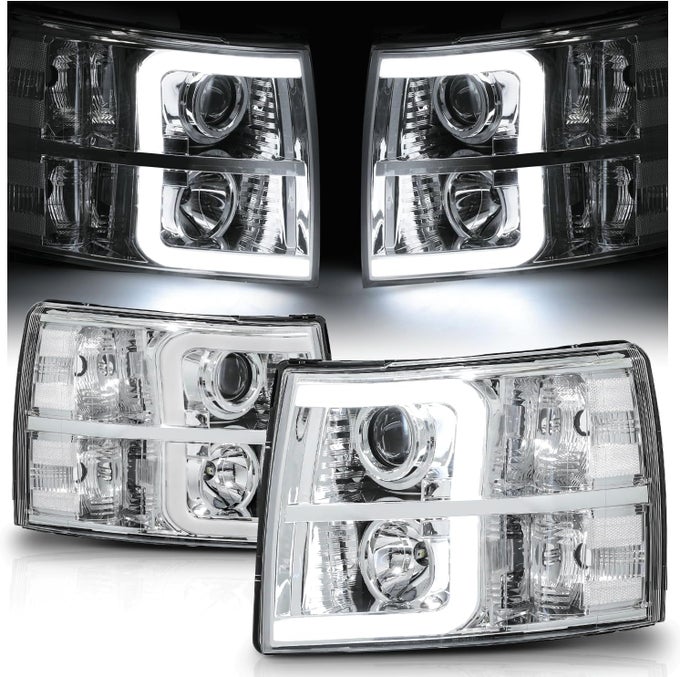 Chrome Projector Headlamp Headlights Assembly With 6000K Led Bulbs For Chevy Silverado 1500/2500/3500 (2007-2013)