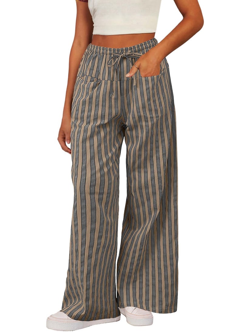 Acelitt Womens Casual Striped Color Block Pants Drawstring Elastic Waist 2026 Fall Fashion Comfy Loose Wide Leg Pants Trousers with Pockets Khaki Medium - Image 1