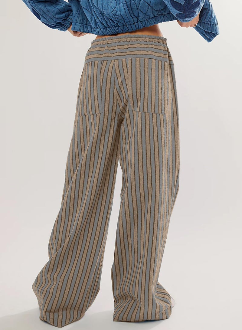 Acelitt Womens Casual Striped Color Block Pants Drawstring Elastic Waist 2026 Fall Fashion Comfy Loose Wide Leg Pants Trousers with Pockets Khaki Medium - Image 2