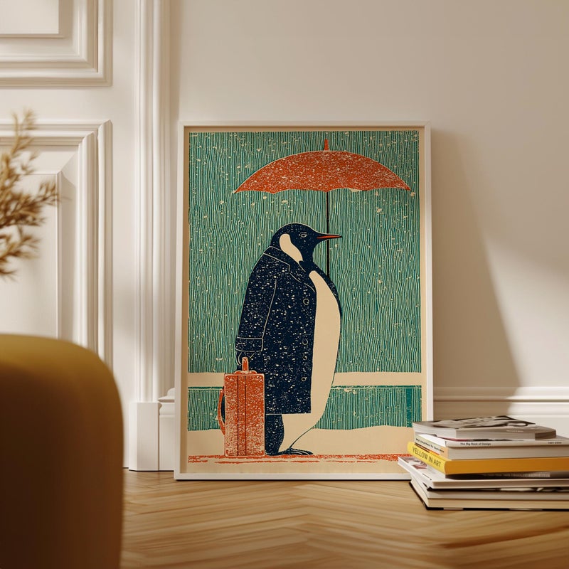 TNESSENTIAL Penguin Art Print, Retro Japanese Line Art, Whimsical Animal Illustration - Image 1