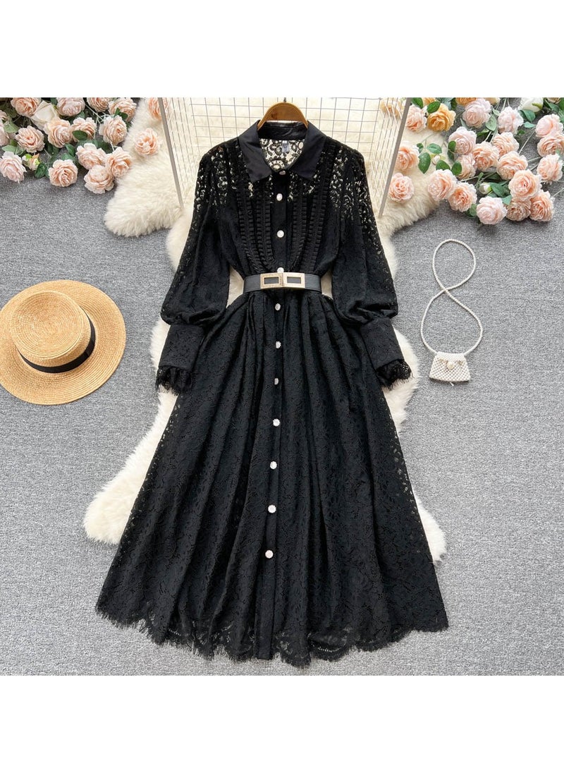 KUYING New Collar Heavy Industry Hook Flower Hollow Lace Dress  - Image 1