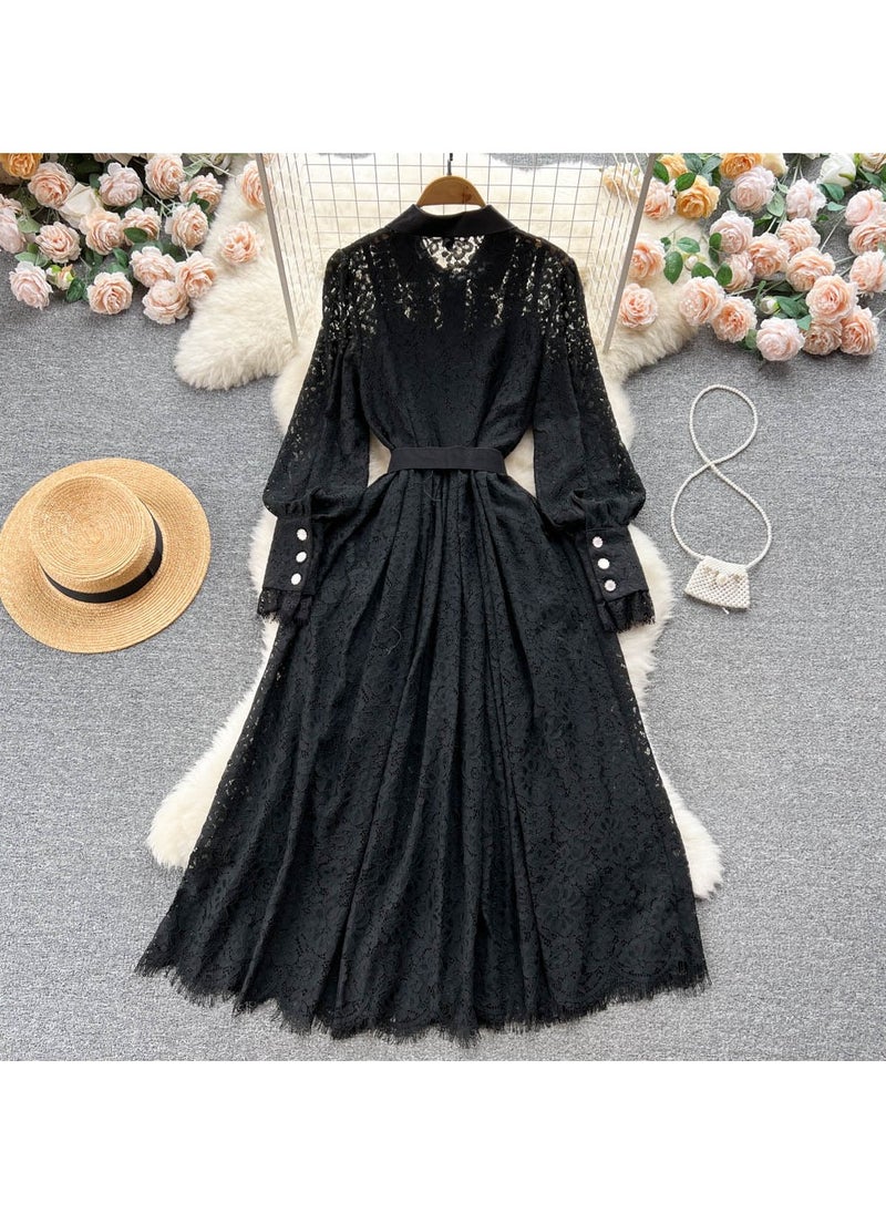 KUYING New Collar Heavy Industry Hook Flower Hollow Lace Dress  - Image 2