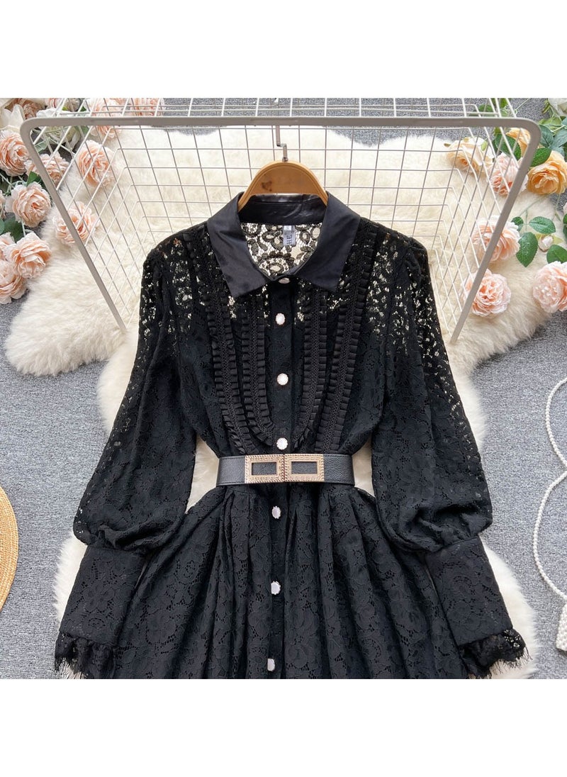KUYING New Collar Heavy Industry Hook Flower Hollow Lace Dress  - Image 3