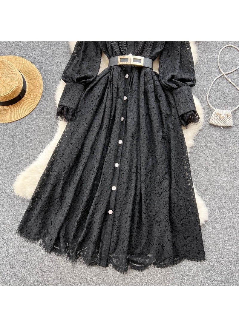 KUYING New Collar Heavy Industry Hook Flower Hollow Lace Dress  - Image 4