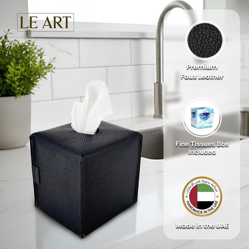 LEART Leather Tissue Box Cover Holder – Home Decorations for Living Room, Bedroom and Office, Tissue Box Cover for Car (Black Cube) - Image 1