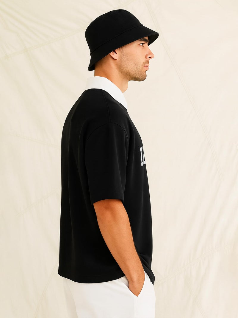 Jump Cuts Mens Printed Polo Neck Half Sleeve Black Cotton Blend T-Shirt - Image 2