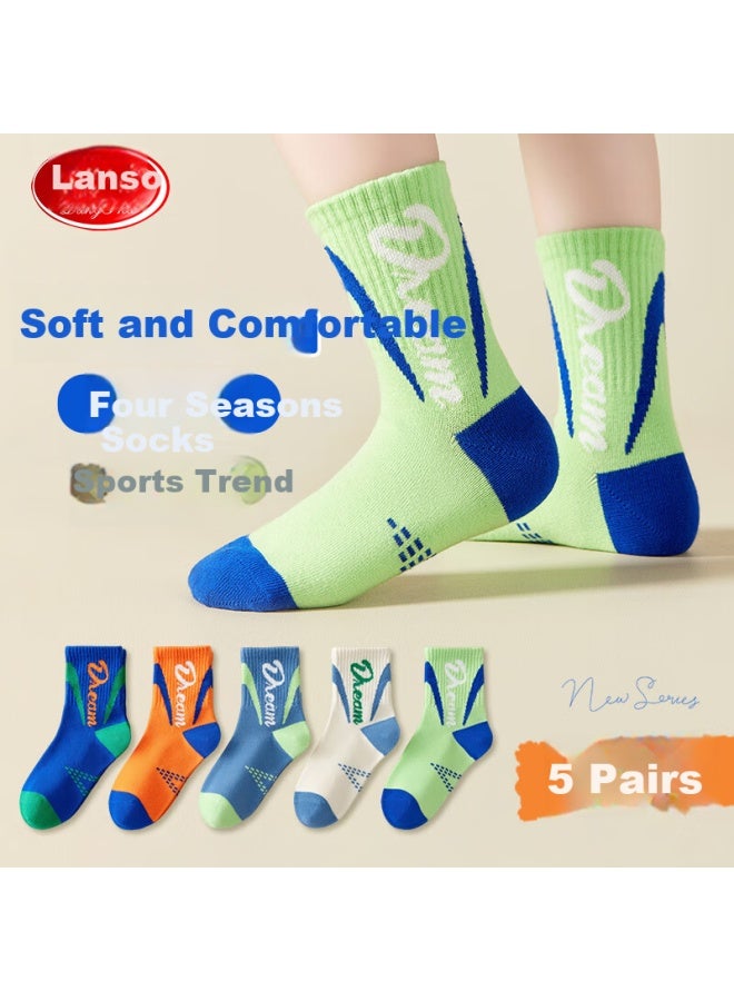 LANG SHA Langsha Children's Socks Boys Autumn And Winter Mid-tube Cotton Socks For Big Boys And Teenagers Trendy Sports Student Socks 5 Pairs Pack - Image 1