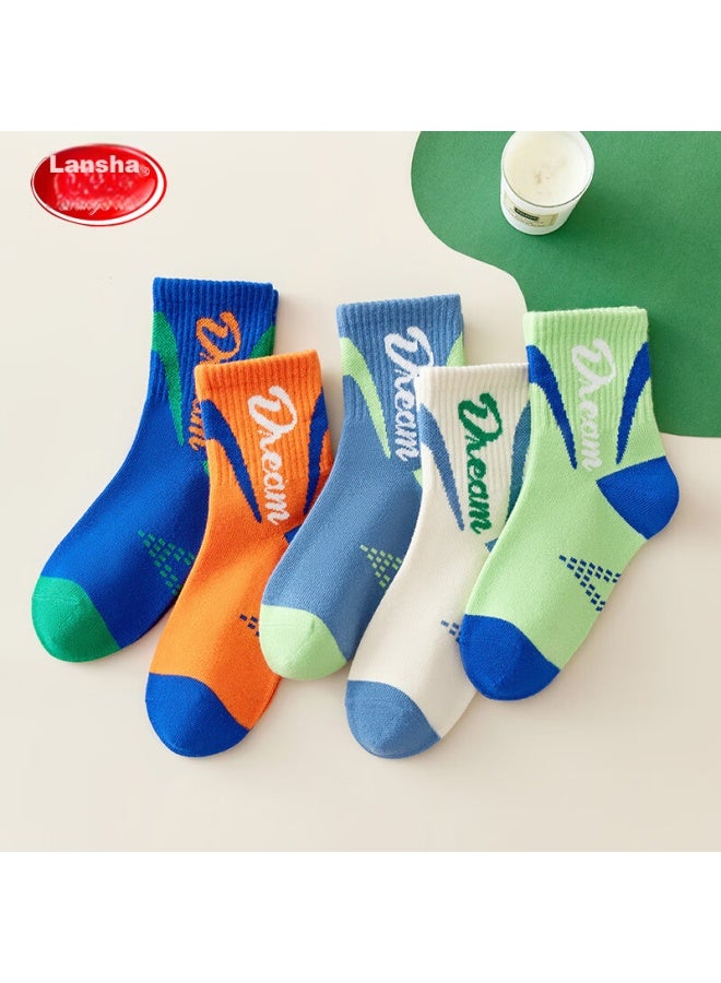 LANG SHA Langsha Children's Socks Boys Autumn And Winter Mid-tube Cotton Socks For Big Boys And Teenagers Trendy Sports Student Socks 5 Pairs Pack - Image 3