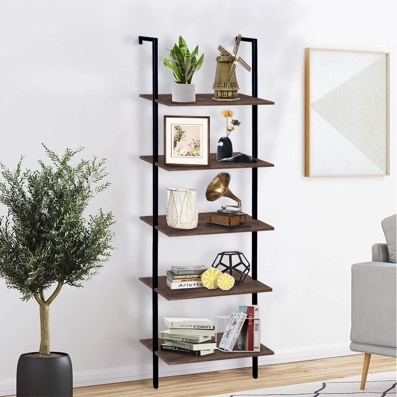 aboxoo Ladder Shelf Open Bookshelf 5-tier Wood Wall-mounted Bookcase Storage Rack Open Back Industrial Modern Plant Flower Stand Utility Organizer Bookcase Metal Frame Furniture Office Kitchen Bedroom - Image 3