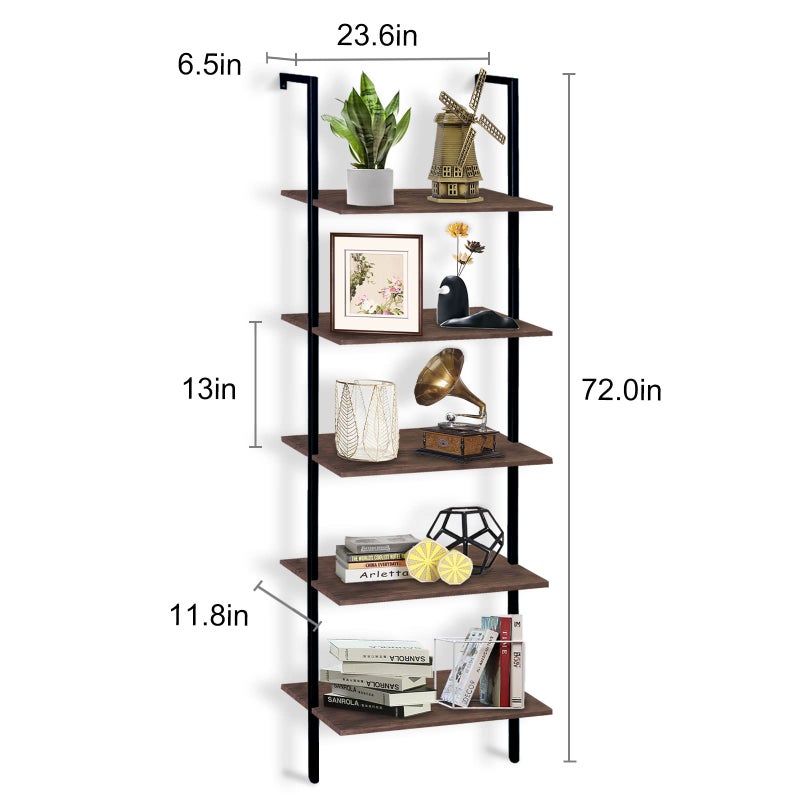 aboxoo Ladder Shelf Open Bookshelf 5-tier Wood Wall-mounted Bookcase Storage Rack Open Back Industrial Modern Plant Flower Stand Utility Organizer Bookcase Metal Frame Furniture Office Kitchen Bedroom - Image 4
