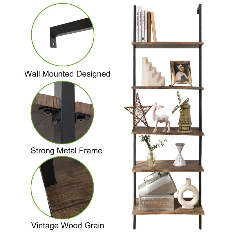 aboxoo Ladder Shelf Open Bookshelf 5-tier Wood Wall-mounted Bookcase Storage Rack Open Back Industrial Modern Plant Flower Stand Utility Organizer Bookcase Metal Frame Furniture Office Kitchen Bedroom - Image 5