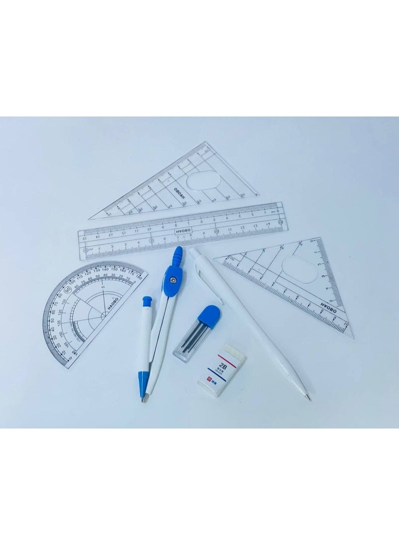 استاند الطقم الهندسي 2  باب  بالعلبة البلاستيك البرجل المعدن السنون و مساطر و قلم الجاف  و الاستيكة و علبة السنون العلبة : 8  قطع  بالألوان - Image 1