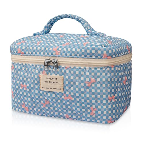 Gosect Large Makeup Bag Cute Cosmetic Bag for Women Girls Floral Coquette Aesthetic Toiletry Bag Travel Make Up Organizer Bag Blue Butterfly - Image 1