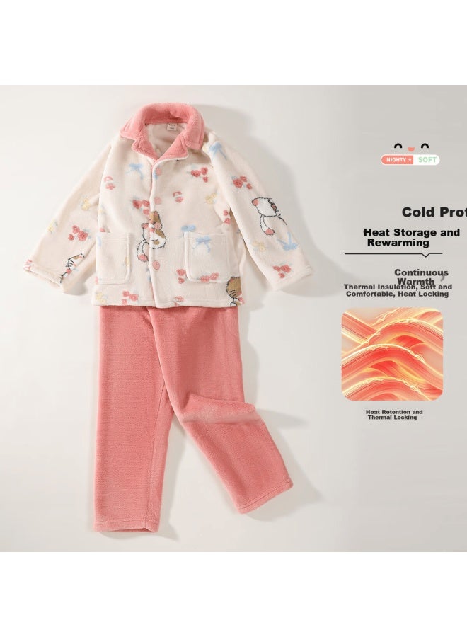 Zisehy Purple Floral Language Fleece-lined Thickened Flannel Autumn Winter Girls Pajamas Pink Size 110 - Image 2