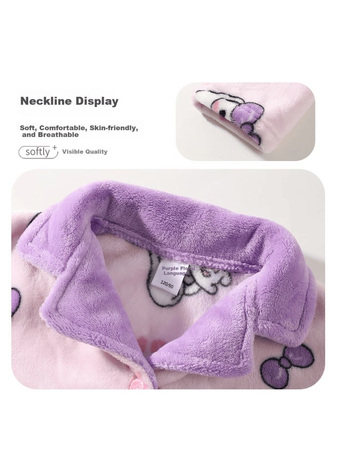 Zisehy Purple Floral Language Fleece-lined Thickened Flannel Autumn Winter Girls Pajamas Pink Size 110 - Image 4