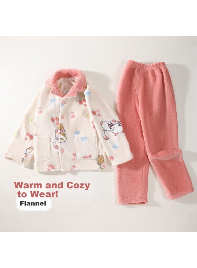 Zisehy Purple Floral Language Fleece-lined Thickened Flannel Autumn Winter Girls Pajamas Pink Size 110 - Image 1