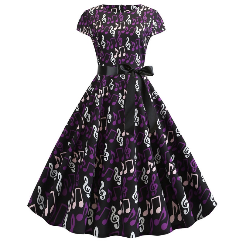 Musical Note Print A-Line Dress Summer Casual Flowy Midi Dress - Image 3