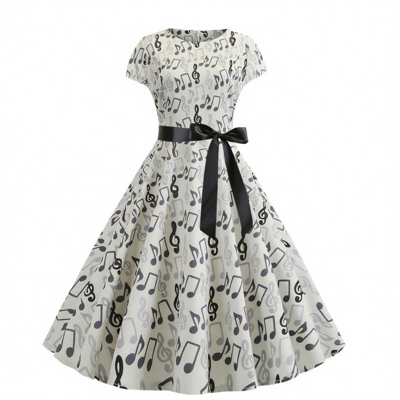 Musical Note Print A-Line Dress Summer Casual Flowy Midi Dress - Image 1