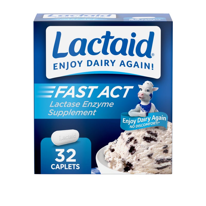 Lactaid Fast Act Lactose Intolerance Relief Caplets with Lactase Enzyme to Prevent Gas, Bloating & Diarrhea Due to Lactose Sensitivity, Ideal for Travel & On-The-Go, 32 Packs of 1-Count - Image 1