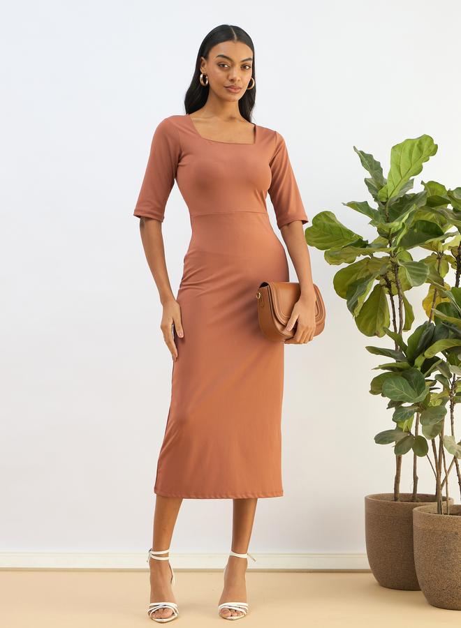 ساسافراس فستان ميدي ضيق بياقة مربعة - Image 1