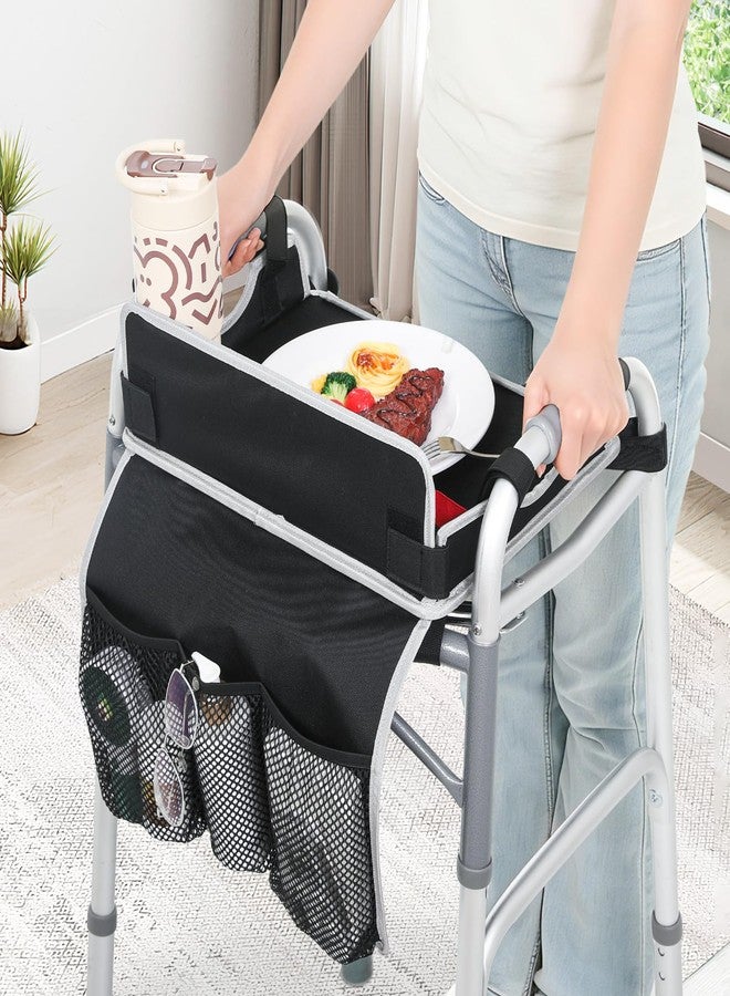 JFMkaer Walker Tray with Cup Holder - Folding Walker with Pockets & Non Slip Mat for Food,Mobility Trays Fits Most Standard Folding Walkers,Walker Accessories for Elderly - Image 1