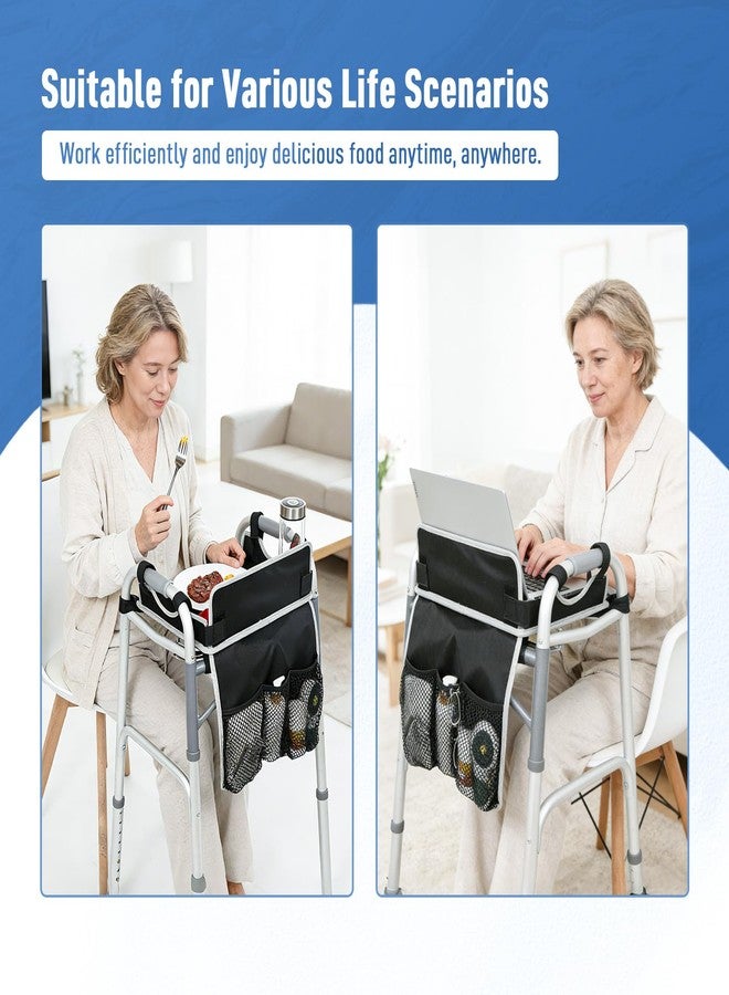 JFMkaer Walker Tray with Cup Holder - Folding Walker with Pockets & Non Slip Mat for Food,Mobility Trays Fits Most Standard Folding Walkers,Walker Accessories for Elderly - Image 2