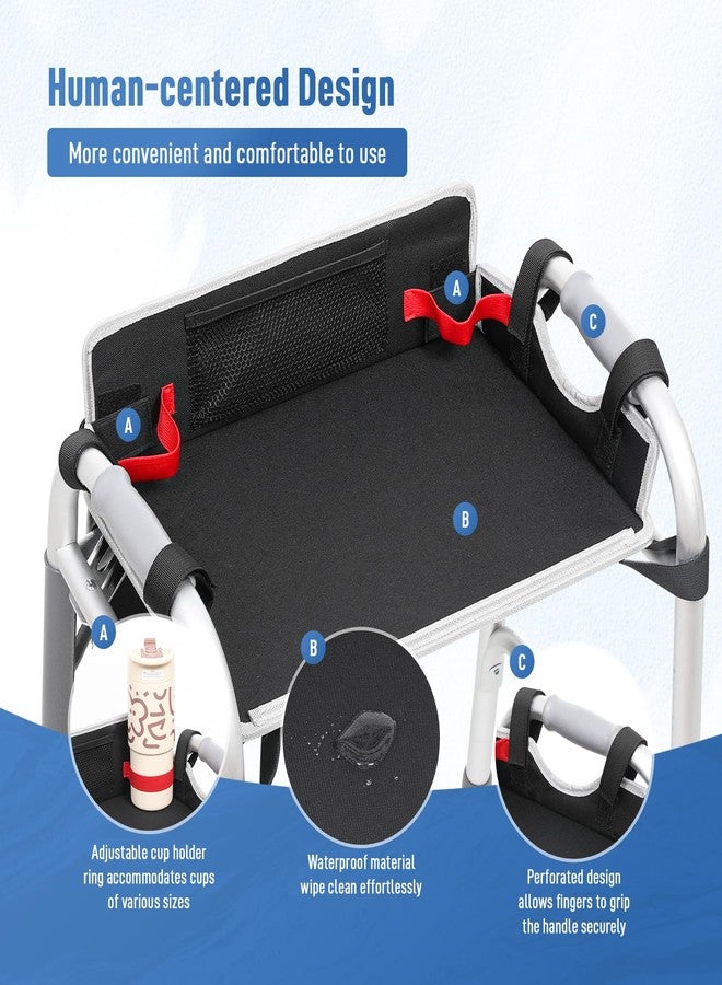 JFMkaer Walker Tray with Cup Holder - Folding Walker with Pockets & Non Slip Mat for Food,Mobility Trays Fits Most Standard Folding Walkers,Walker Accessories for Elderly - Image 3