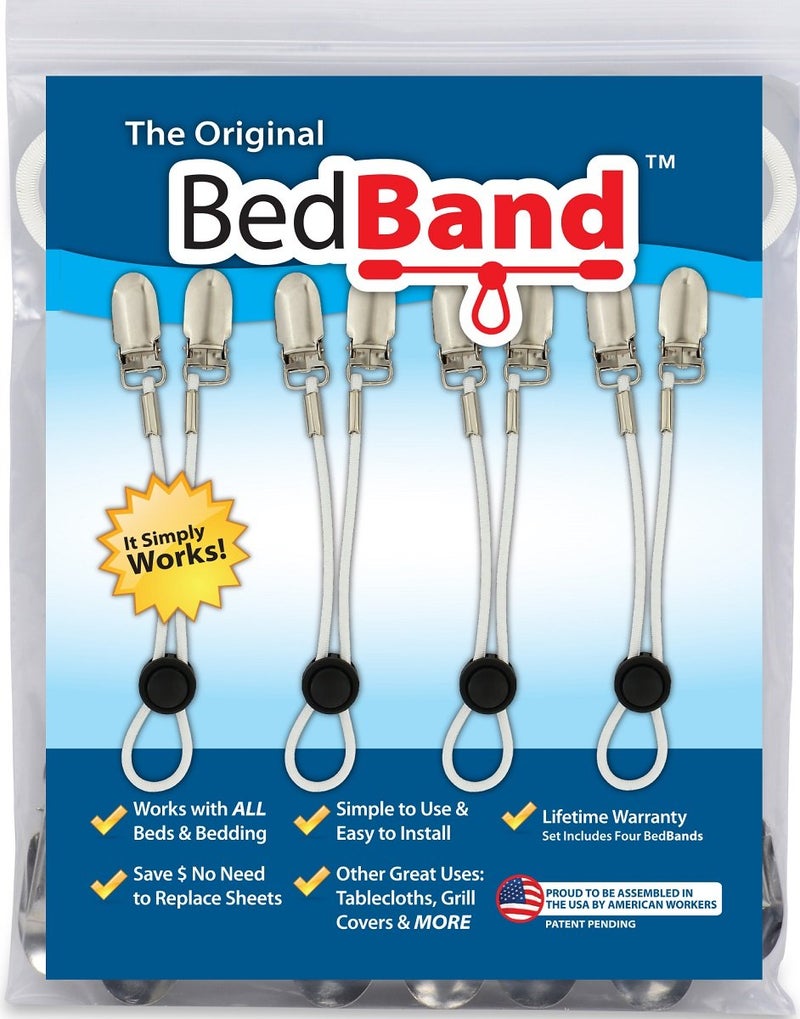 Bed Band White Not Made in China. 100% USA Worker Assembled. Bed Sheet Holder, Gripper, Suspender and Strap. Smooth any Sheets on any Bed. Sleep Better. Patented. - Image 4