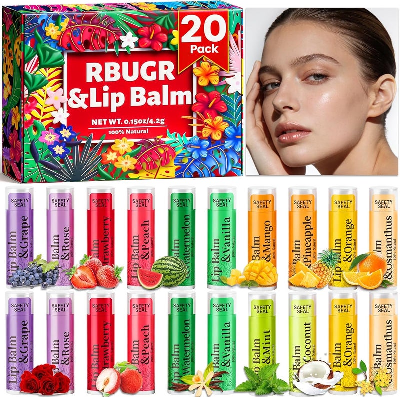 RBUGR Lip Balm Bulk 20 Pack- 12 Flavored Lip Balm Set Natural Moisturizing Hydrating for Dry Cracked Lips, Gifts for Women & Party Favors Mini Balm Pack (4.2g/0.15oz) - Image 1