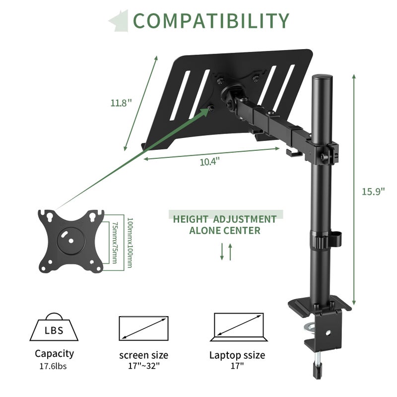 UPGRAVITY Laptop Desk Mount, Single Laptop Stand Arm with Vented Tray for 17 inch Notebook or 14”-32” Monitor, Holds up to 17.6 lbs, Fully Adjustable, Clamp/Grommet Mounting, VESA 75/100mm - Image 2