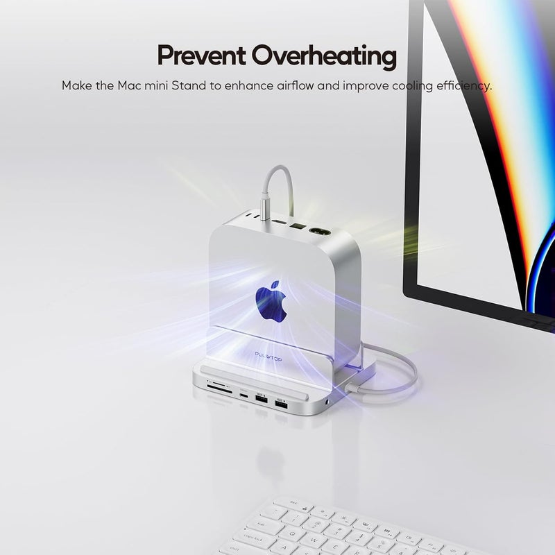 PULWTOP قاعدة Mac mini M4 مع غلاف SSD M.2 سعة 4 تيرابايت، حامل محور USB-C عمودي من الألومنيوم 8 في 1 لـ Mac mini M4 Pro مع USB-A/C 3.2 10 جيجابت/ثانية، 2xUSB-A 2.0، صوت 3.5 مم، فتحات SD/TF (SSD غير مضمن) - Image 5