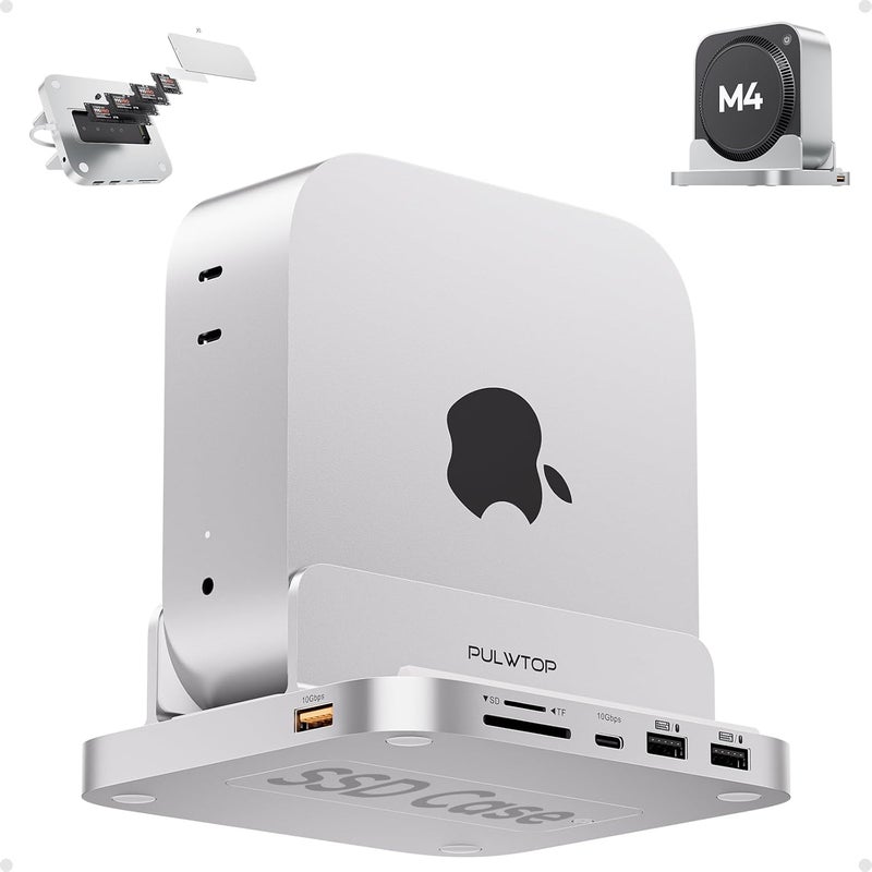 PULWTOP قاعدة Mac mini M4 مع غلاف SSD M.2 سعة 4 تيرابايت، حامل محور USB-C عمودي من الألومنيوم 8 في 1 لـ Mac mini M4 Pro مع USB-A/C 3.2 10 جيجابت/ثانية، 2xUSB-A 2.0، صوت 3.5 مم، فتحات SD/TF (SSD غير مضمن) - Image 1